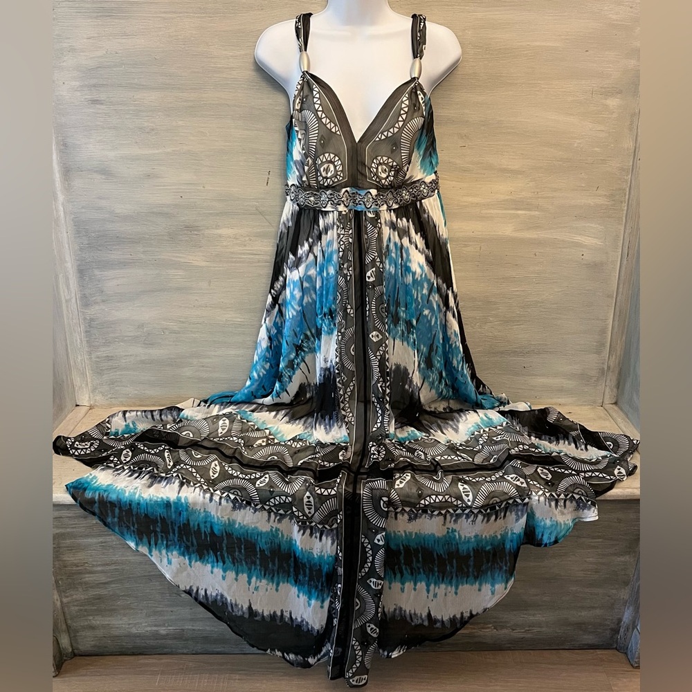 WhiteHouseBlackMarket AquaCharcoal TieDye AbstractPrint Maxi Sun Dress Size 6 GC